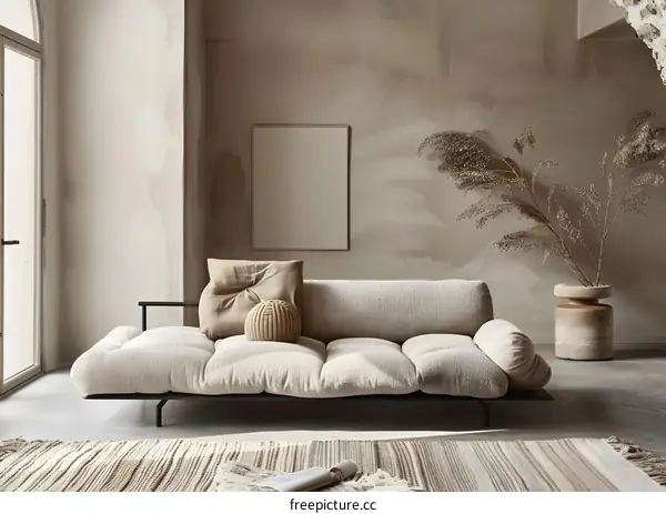 Modern Living Room Interior Design with Beige Sofa and  Dried Flowers