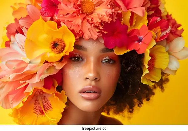 Woman with Flower Crown on Yellow Background