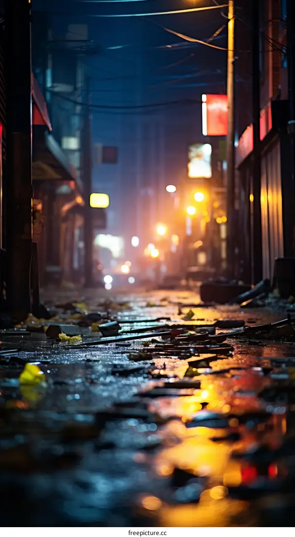 A dark and rainy alleyway with debris on the ground