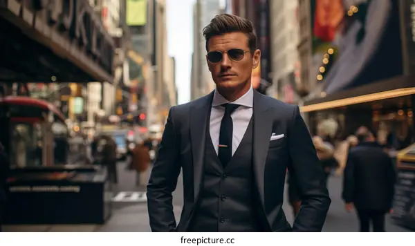 A man in a suit and sunglasses is walking down a busy street