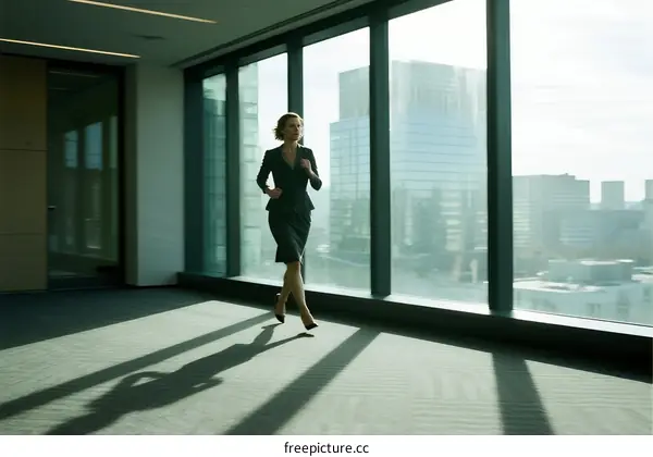 Business woman walking in modern office with large windows