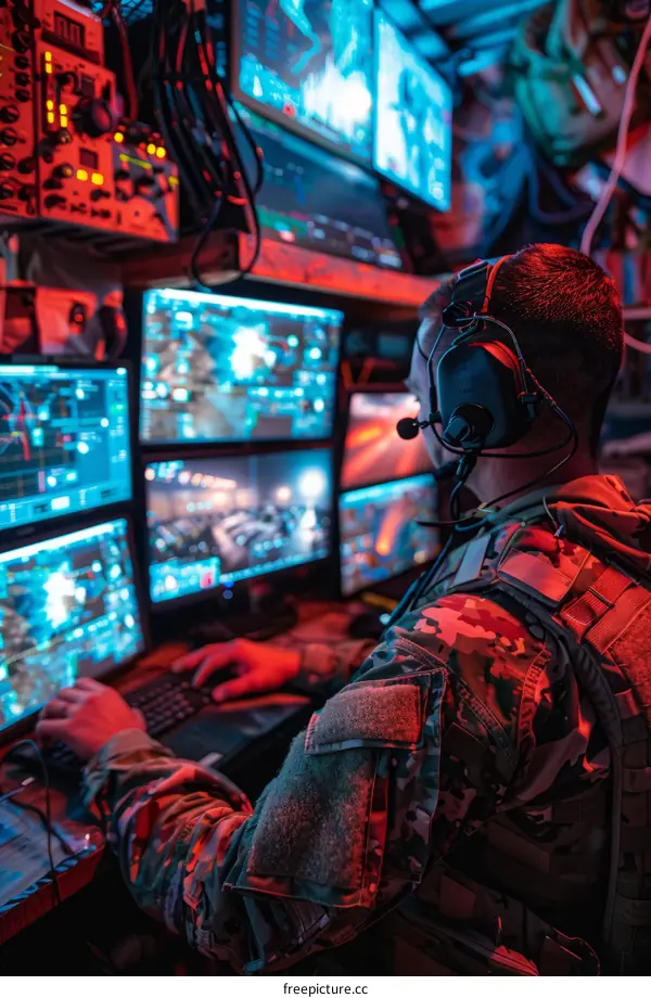 Soldier at a computer workstation in a dimly lit room
