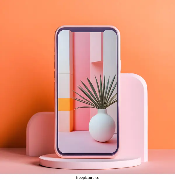 Minimalist Phone Display With Plant On Stand