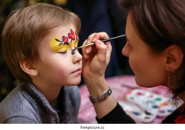 Face Painting Artist Applying Design to Childs Face