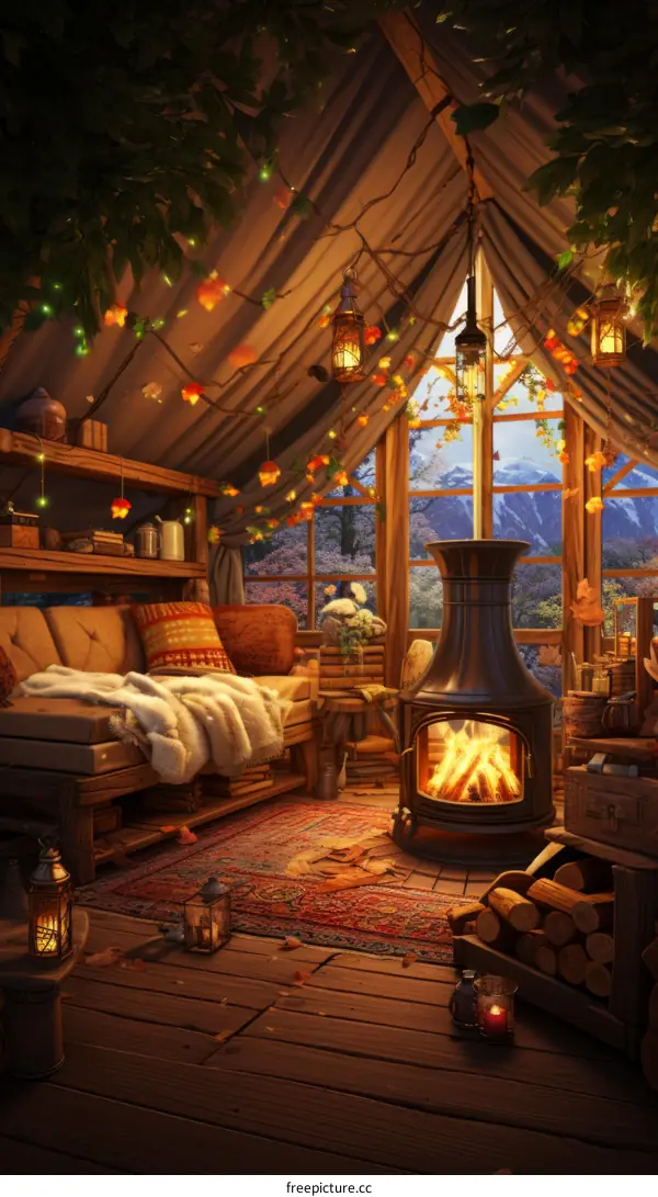 Cozy cabin in the woods with fireplace and fairy lights