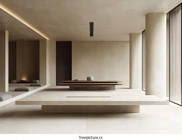 Minimalist Interior Design with Wooden Coffee Table and Light Brown Walls