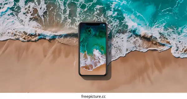 Smartphone on the Beach with Ocean Wave Background