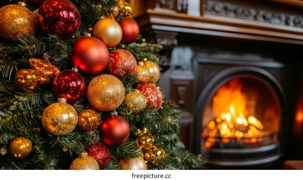 Christmas Tree Ornaments and Fireplace