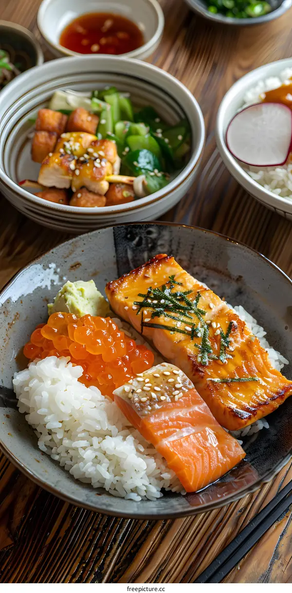 Grilled Salmon Rice Bowl with Avocado and Caviar