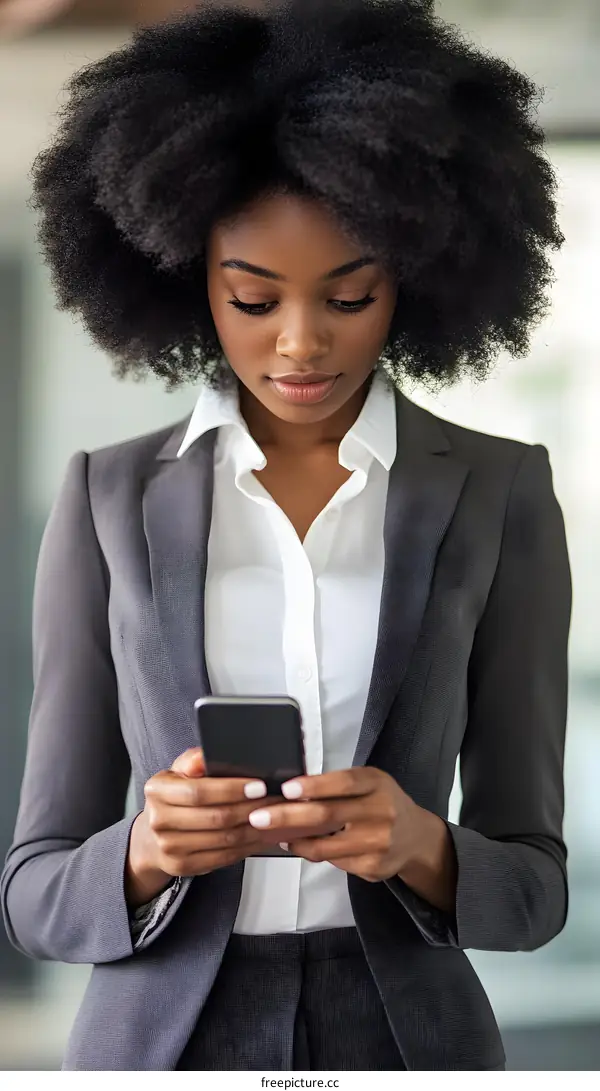 African American Businesswoman Using Smartphone in Office