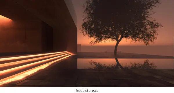 Minimalist Architecture Design with Sunset Reflection in Water