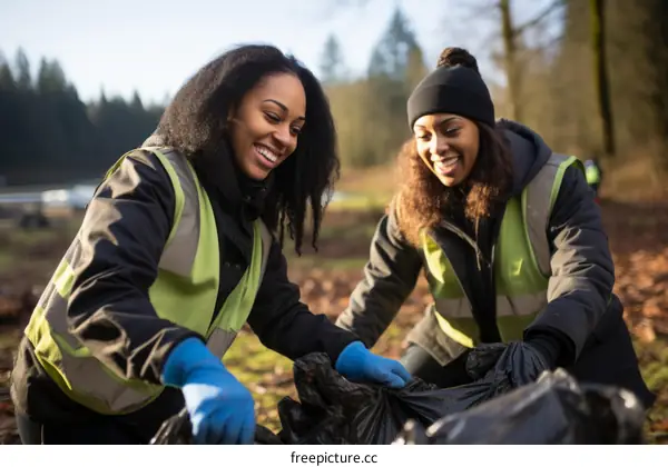 Two smiling young African American women picking up litter in a park