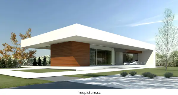 Modern Minimalist House Design with Large Windows and Wooden Panel