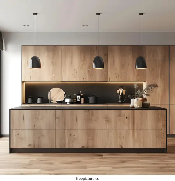 Modern Kitchen Interior Design With Wooden Cabinets and Black Pendant Lights