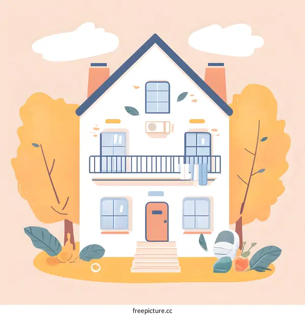 White House with Balcony and Autumn Trees Illustration