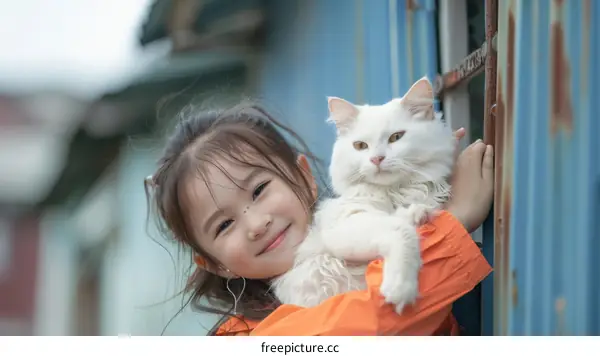 Little girl hugging a white cat