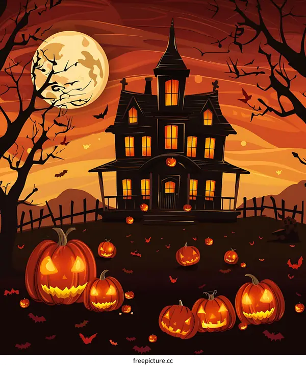 Halloween Haunted House With Pumpkins And Bats