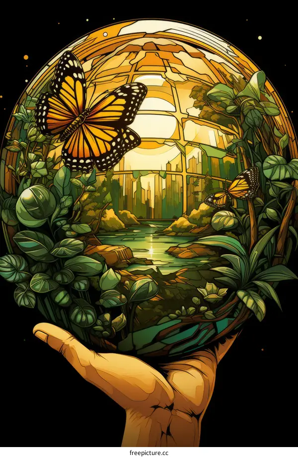 A hand holding a globe with a city inside