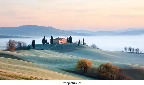 Tuscan Sunrise Landscape with Fog