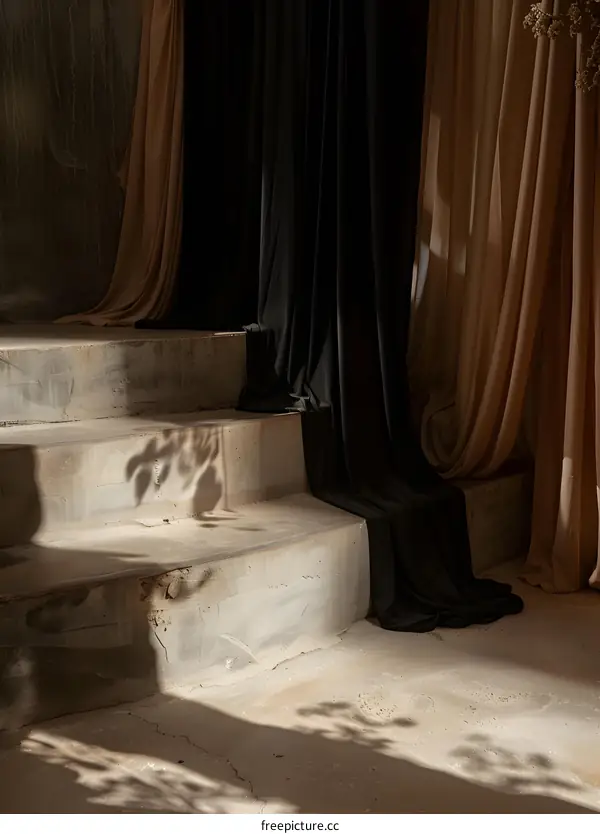 Minimalist Concrete Stairs with Draped Fabric Background