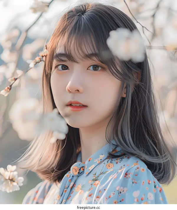 Asian Woman with Long Hair Standing in Front of White Flowers