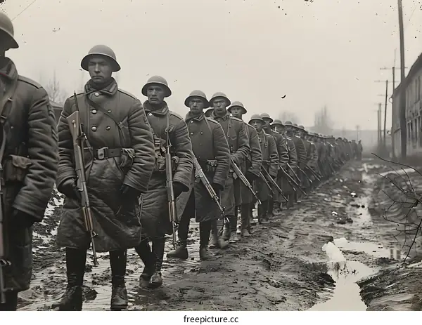 A group of soldiers march along a muddy road during World War I