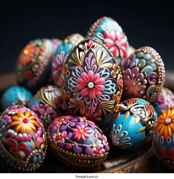 A beautiful image of a bowl filled with colorful Easter eggs intricately decorated with floral patterns.