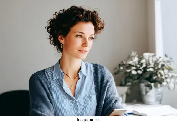 Thoughtful Woman with Curly Hair in a Light Blue Shirt