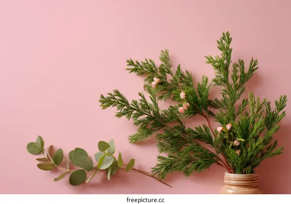 Pink Background with Decorative Greenery and Flowers Arrangement