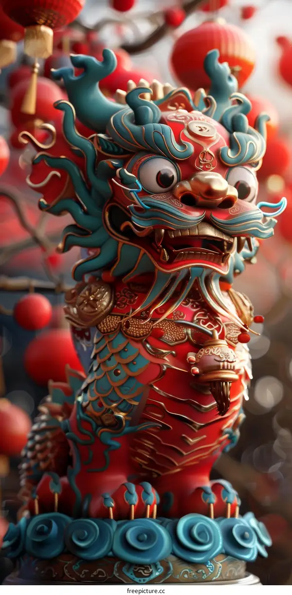 Chinese Dragon Statue with Red Lanterns