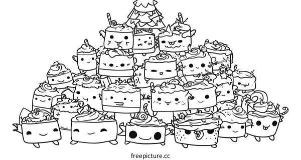 Cute Cartoon Cakes Coloring Page Illustration