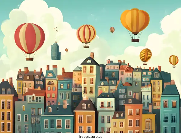 Colorful Hot Air Balloons Over City Skyline Illustration
