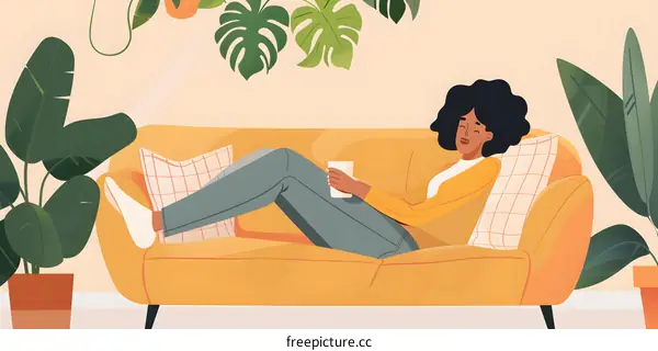 Woman Relaxing on a Yellow Couch with Plants