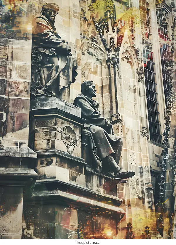 Two Stone Statues on a Building Facade