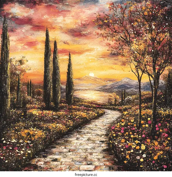 Sunset Landscape Painting with Path and Trees