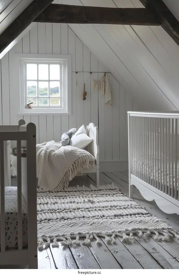 Whitewashed Attic Nursery with Cribs and Rug