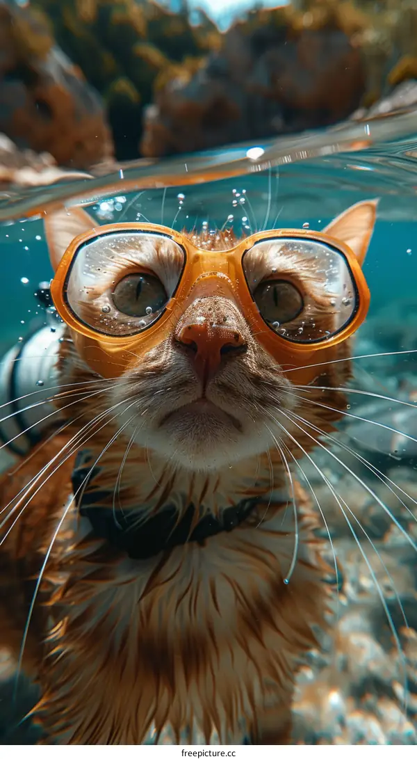 Cat wearing diving goggles