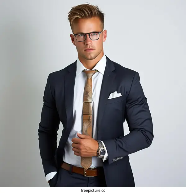 Young professional man with glasses and brown tie posing in a suit