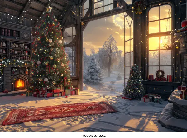 Cozy Christmas Living Room with Decorated Tree, Presents, and Fireplace