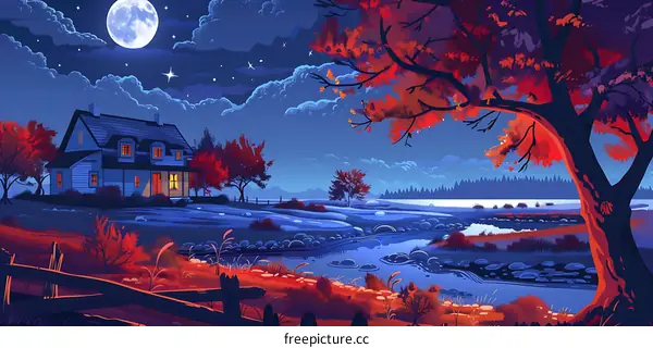 Night Time Landscape with a House and River