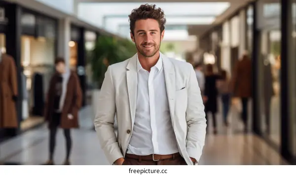 Portrait of a handsome young man with curly hair wearing a white suit jacket