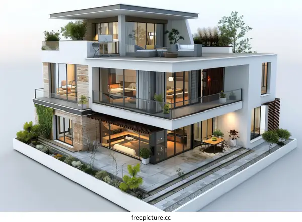 Modern Multi-Level House Exterior Design Illustration
