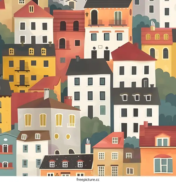 Colorful Illustration of European City Buildings