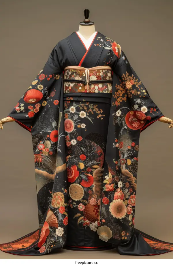 A woman wearing a black kimono with red and gold floral patterns