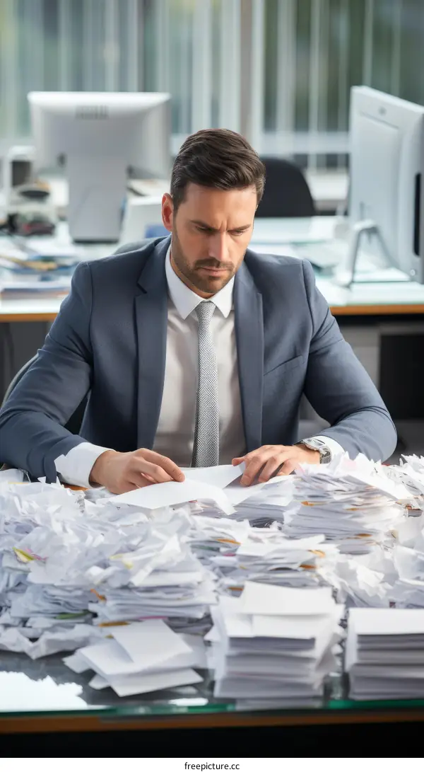 Businessman drowning in paperwork