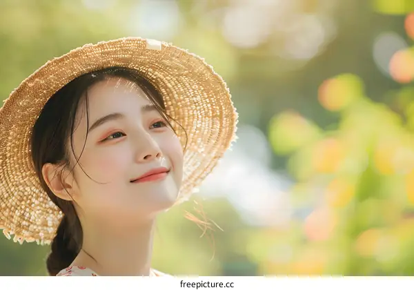 Smiling Asian Woman Wearing Straw Hat in Sunny Nature