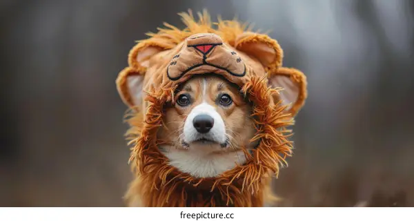 A cute corgi dog wearing a lion costume