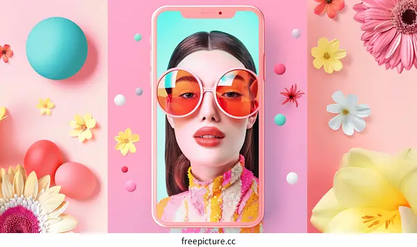 Woman with Pink Sunglasses on a Smartphone Screen with Flowers and Eggs Surrounding It