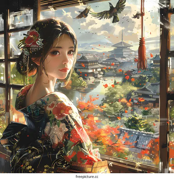 A Japanese girl in a kimono looking out the window at a beautiful landscape