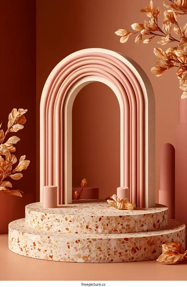 Abstract Archway With Terrazzo Platform And Golden Leaves